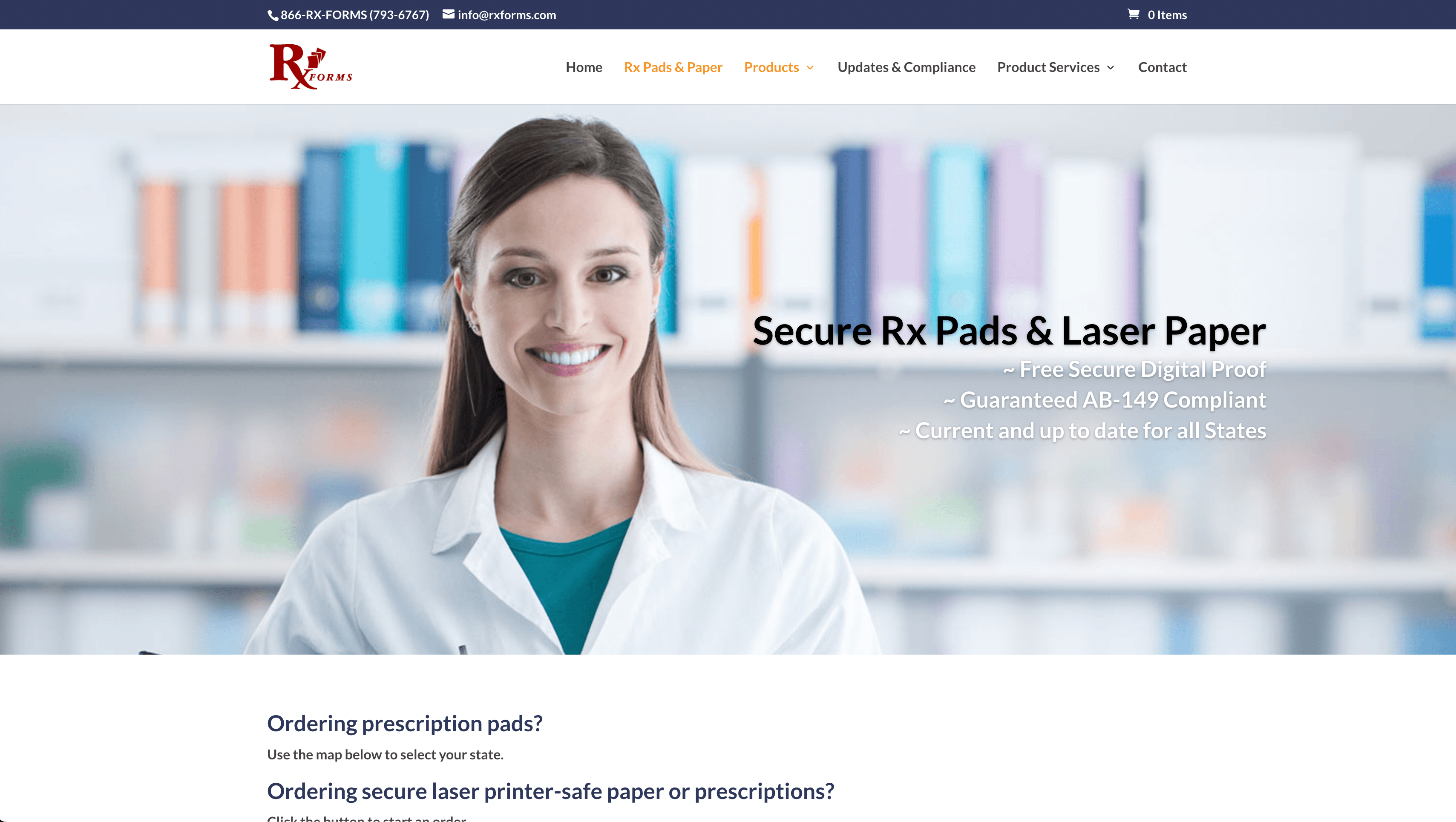 Screenshot of hero section of the rxforms website, showing a woman doctor smiling with a text overlay that reads: 'Rx Pads & Laser Paper'