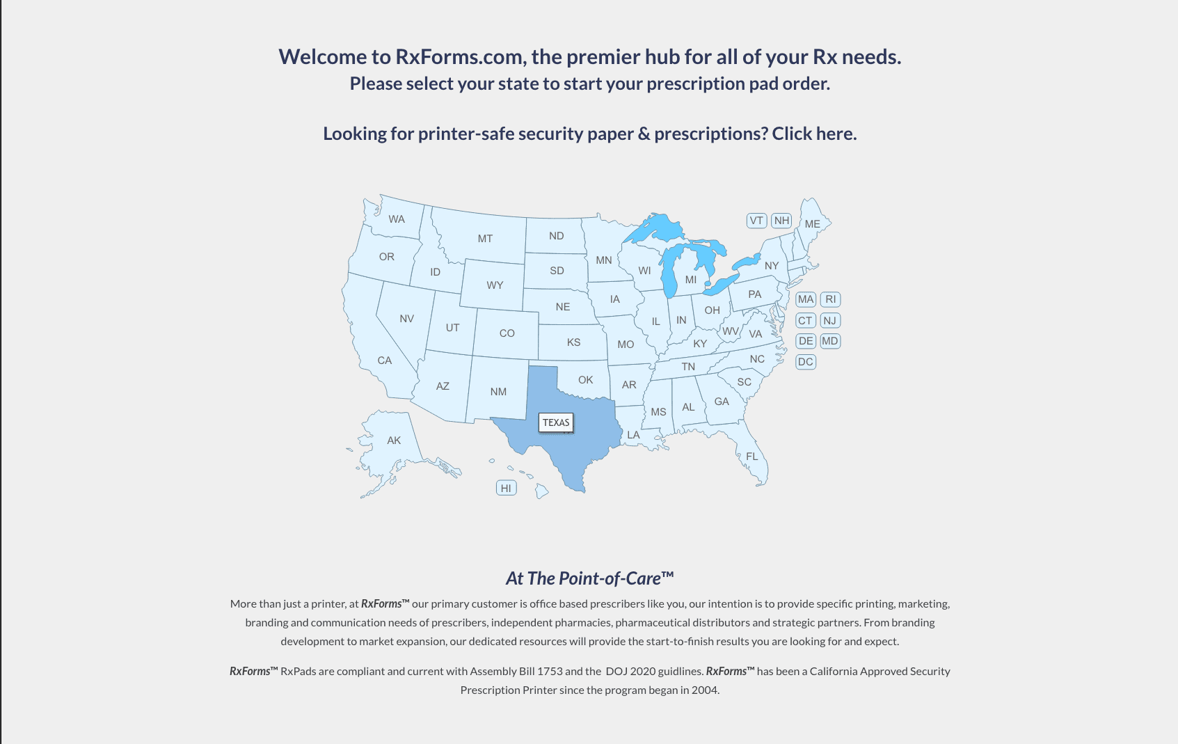 Screenshot of the rxforms state selection map, which shows you products in compliance with the state's regulations.