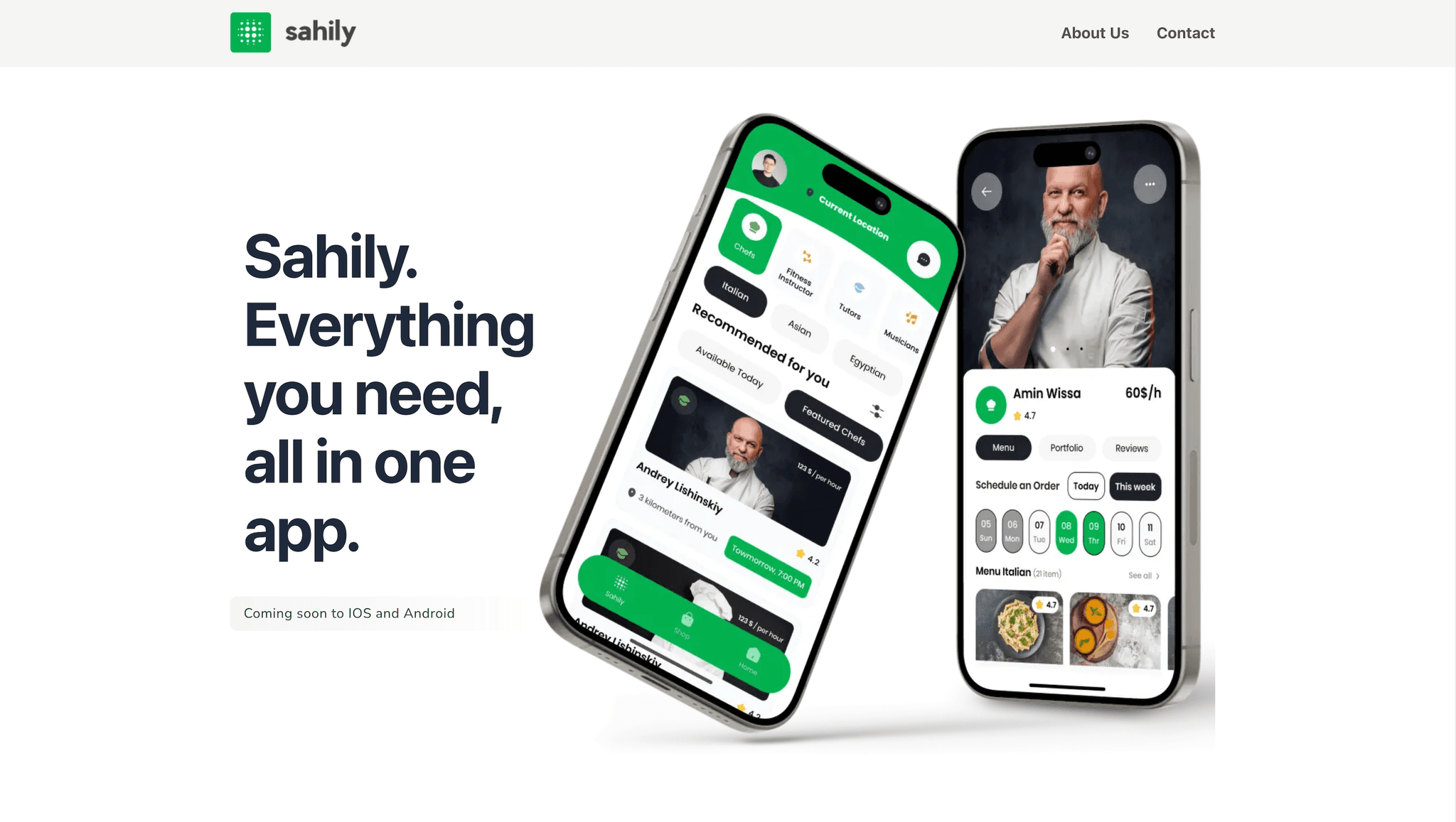 Screenshot of hero section of a website, showing a mockup of the app on a phone, with text on the left that reads: 'Sahily. Everything you need, all in one app.'