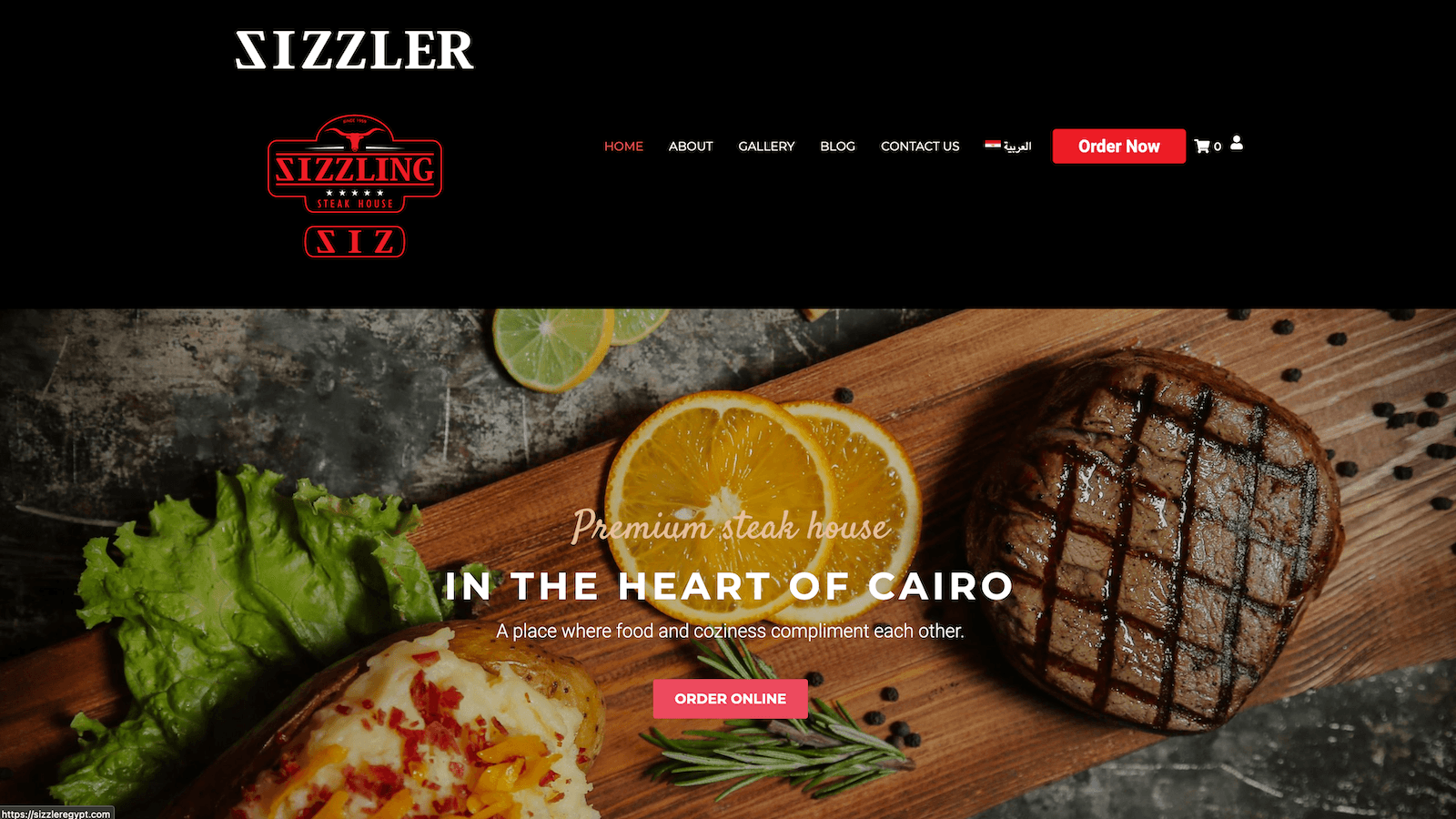 Screenshot of the hero section of the Sizzler's Steakhouse website, showing an image of stake with text in the foreground reading