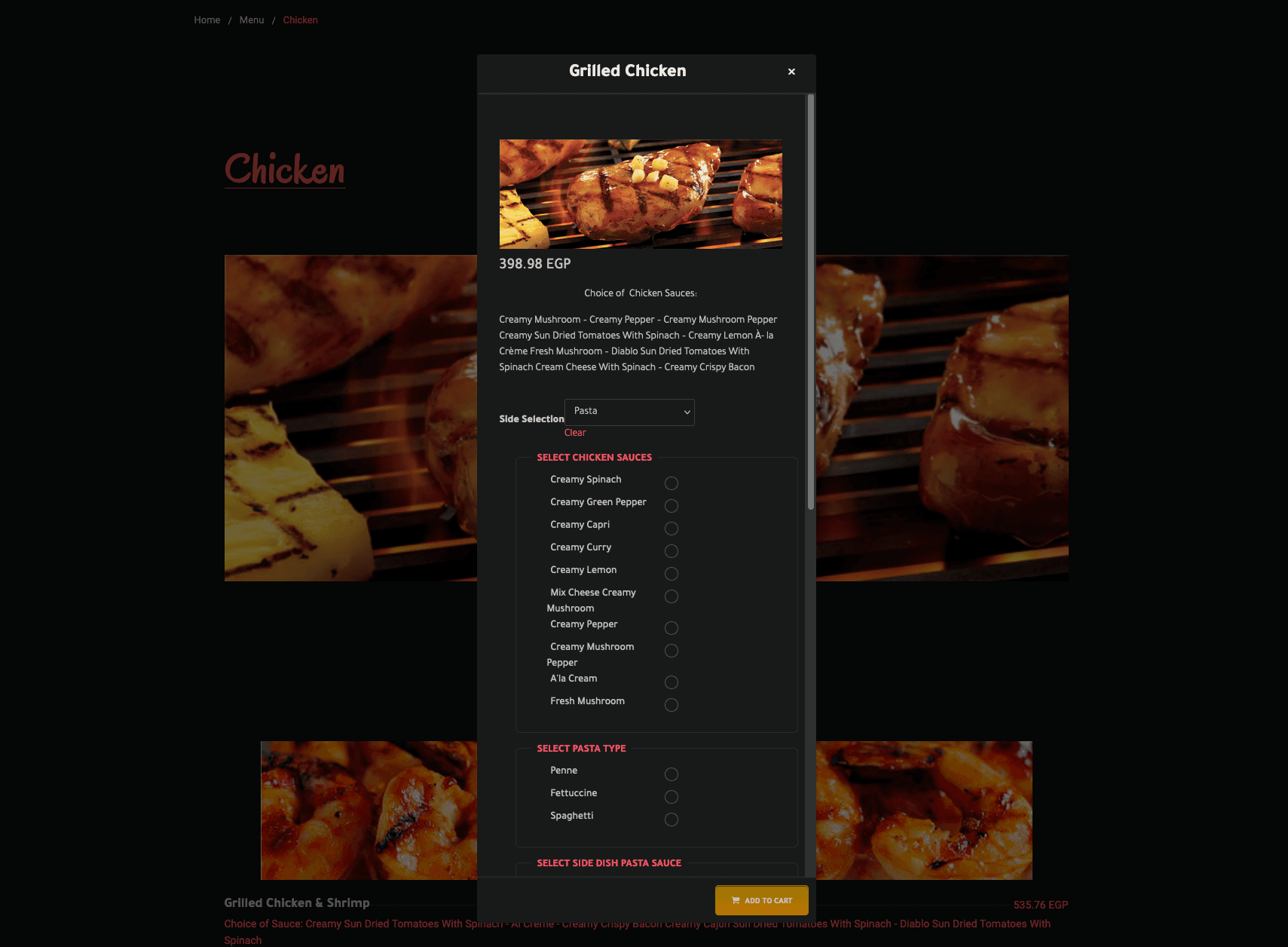 Screenshot of the sizzler website ordering menu, for an order of chicken.