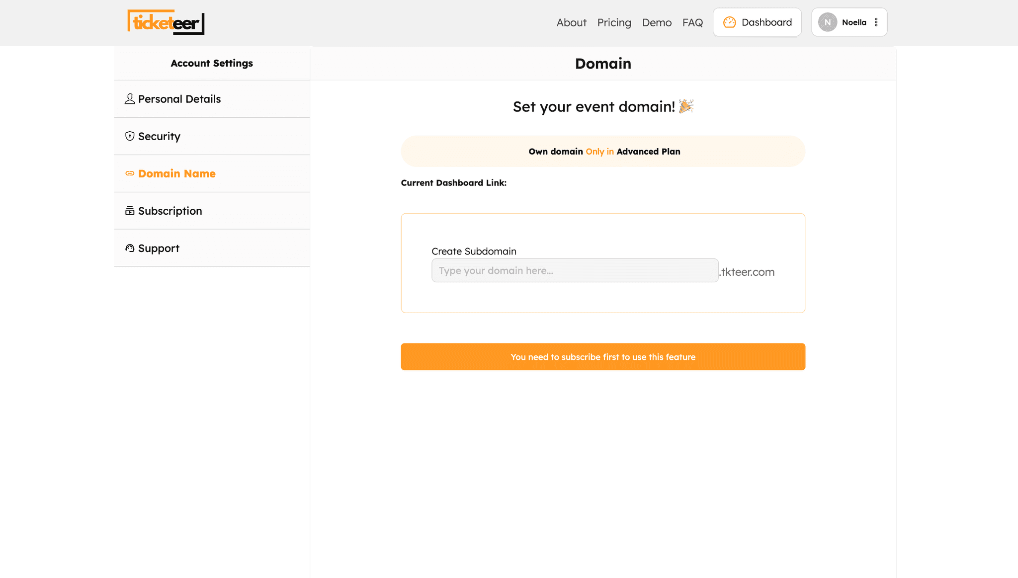 Screnshot of the ticketeer user dashboard, where they can set their subdomain.