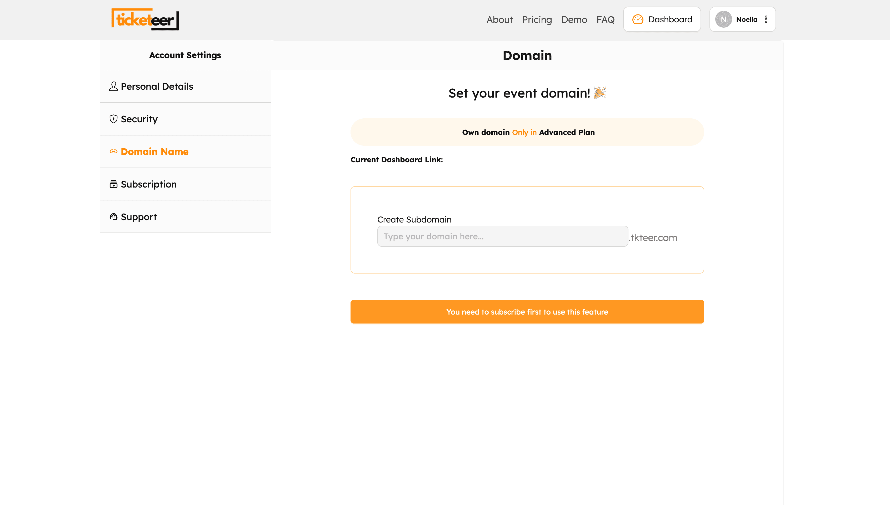 Screnshot of the ticketeer user dashboard, where they can set their subdomain.