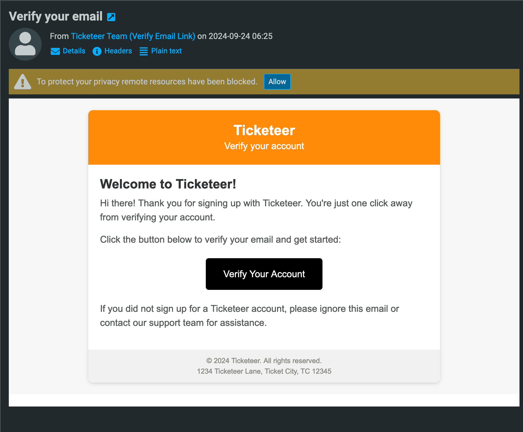 Screenshot of a Ticketeer email verification email in an inbox.