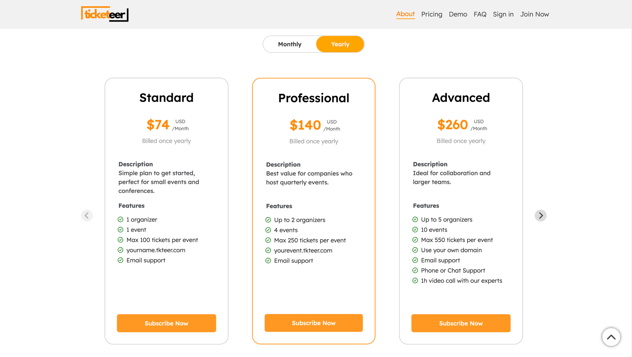 Screenshot of the subscriptions section of the ticketeer website. Shows three different subscription plans along with their price and details.