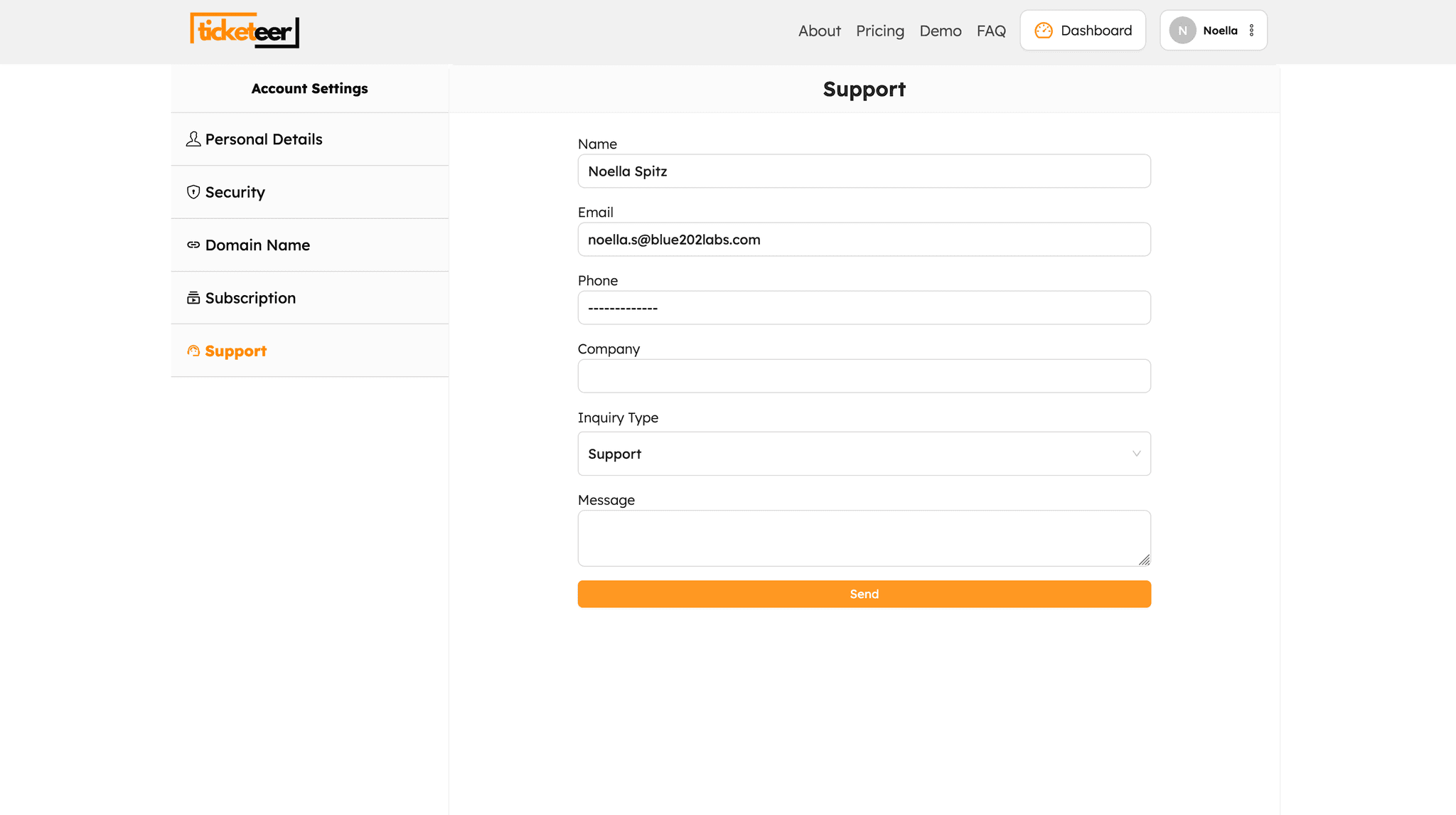 Screnshot of the ticketeer user dashboard, where users can submit support requests.