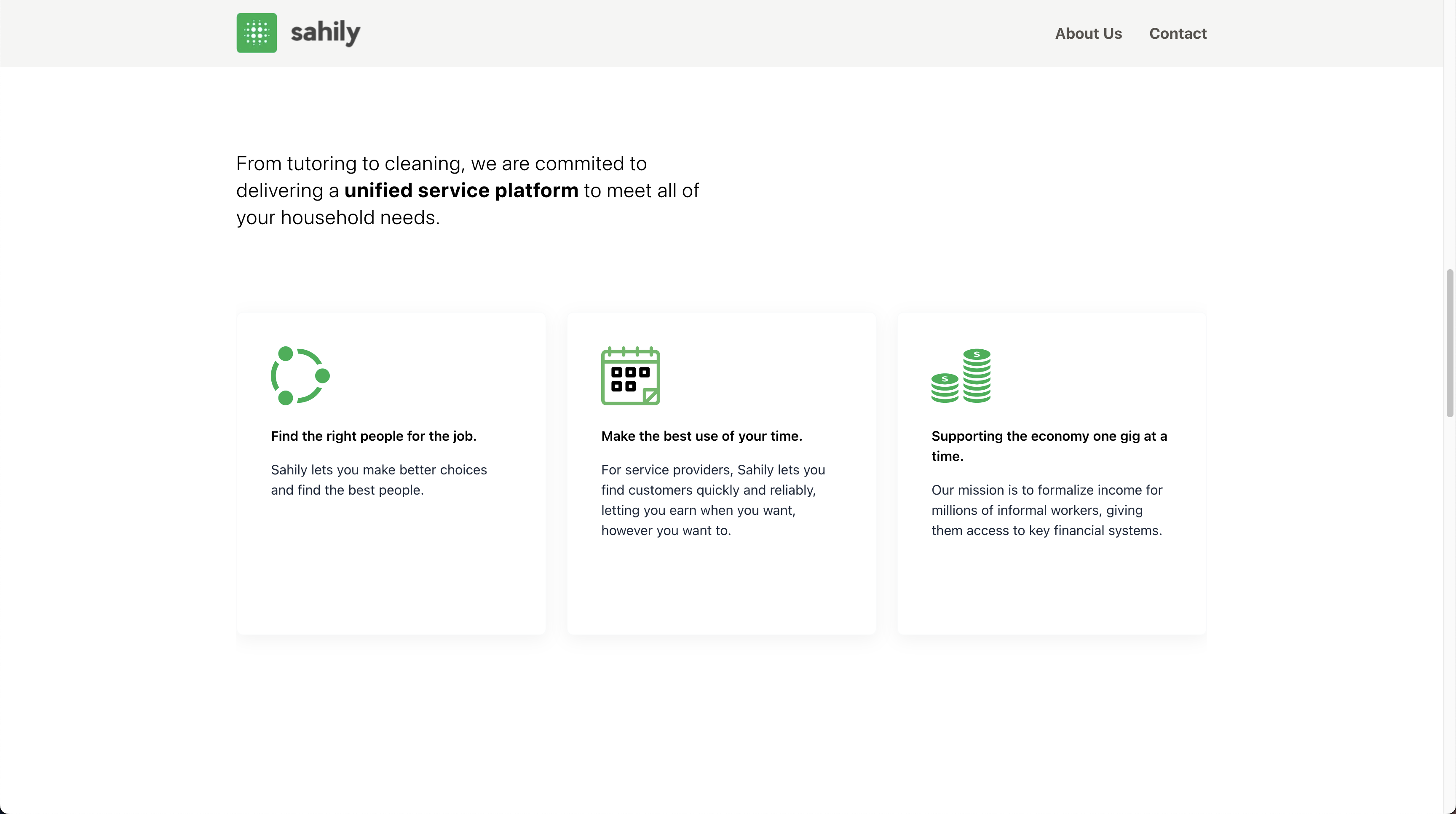 Screenshot of website displaying the different value propositions of the app, arranged neatly in a row layout.