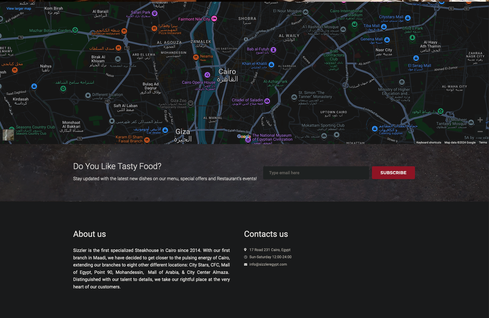Screenshot of the footer section of the Sizzler website, showing a map and a newsletter signup field.