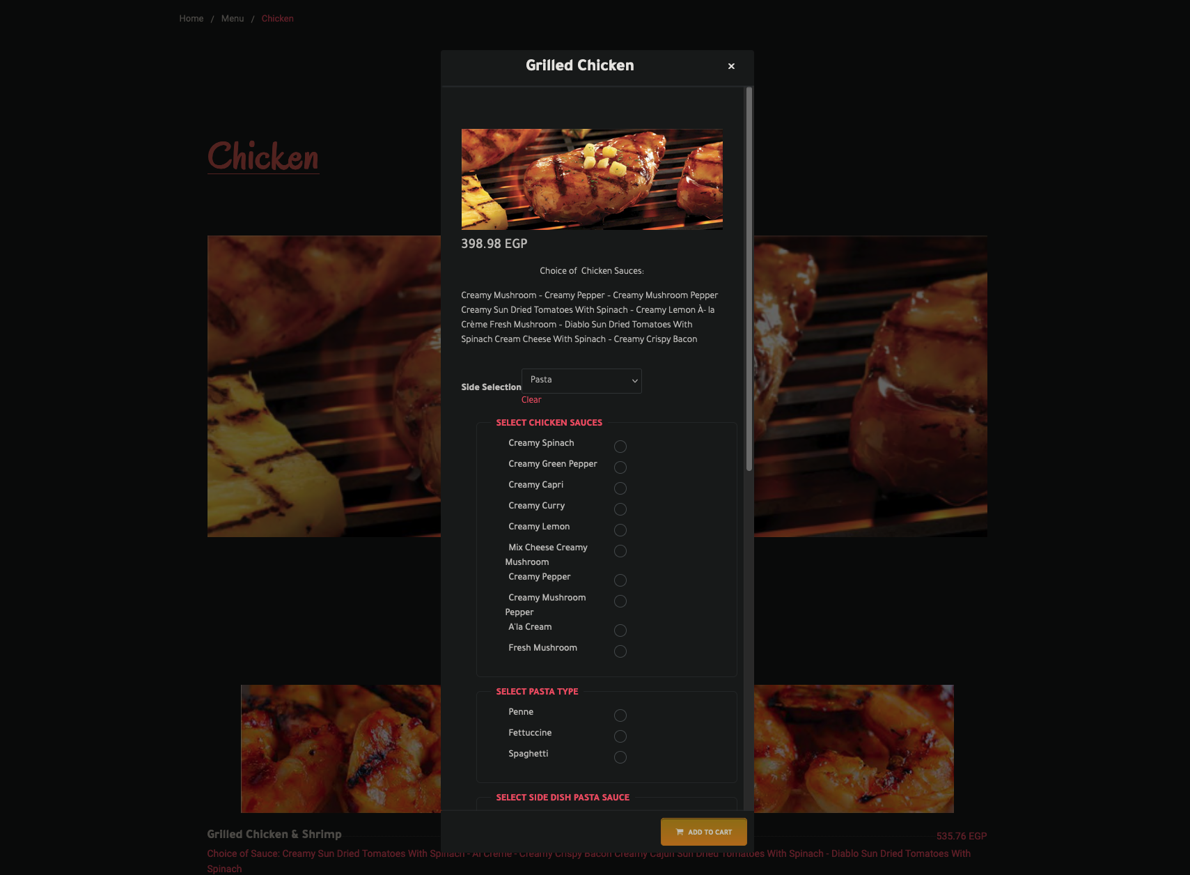 Screenshot of the sizzler website ordering menu, for an order of chicken.