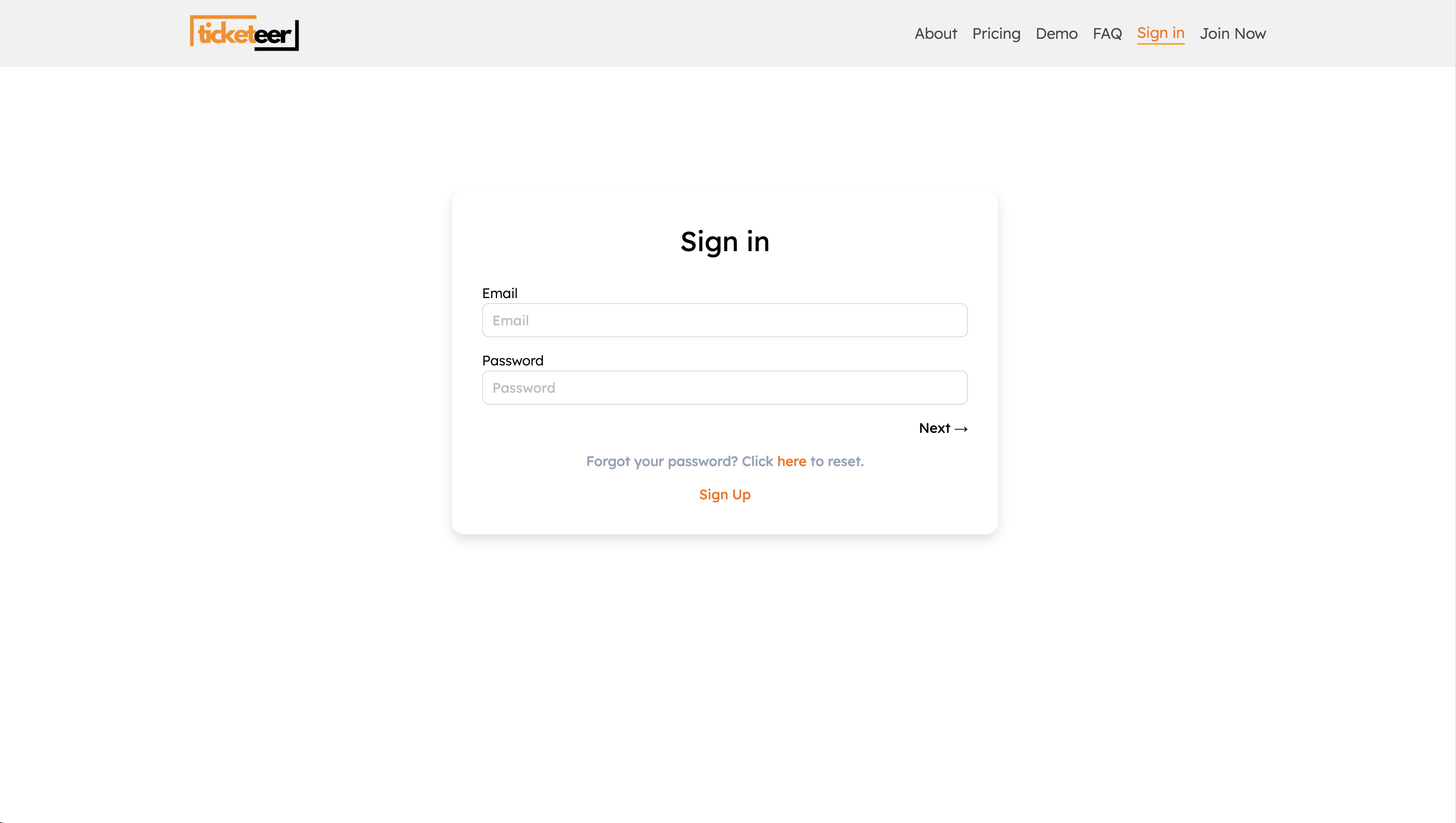 Screenshot of the ticketeer sign in page.